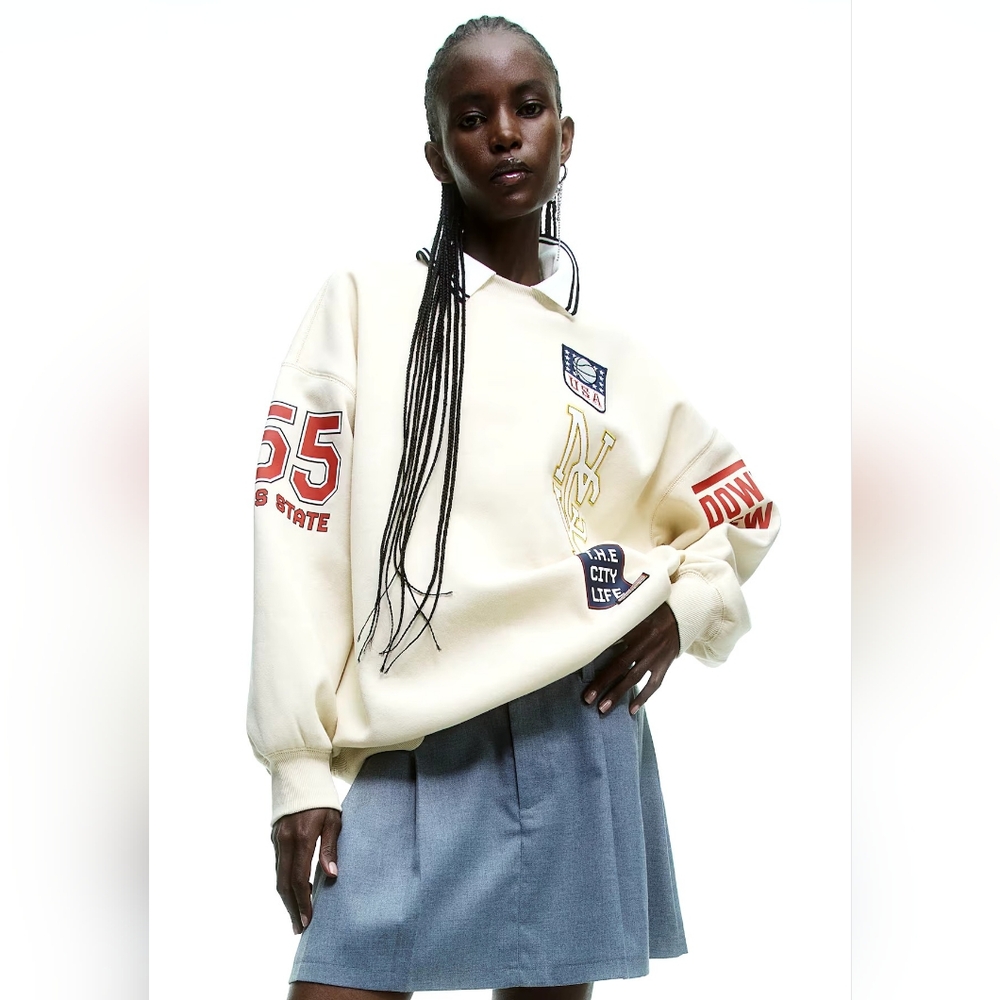 NWT H&M Oversized Printed Sweatshirt  NYC, USA, The City Life Light Beige Size M